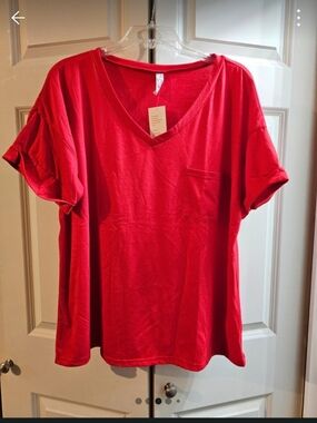 Simlu Bright Red V-Neck Short Sleeve Pocket Tee NWT